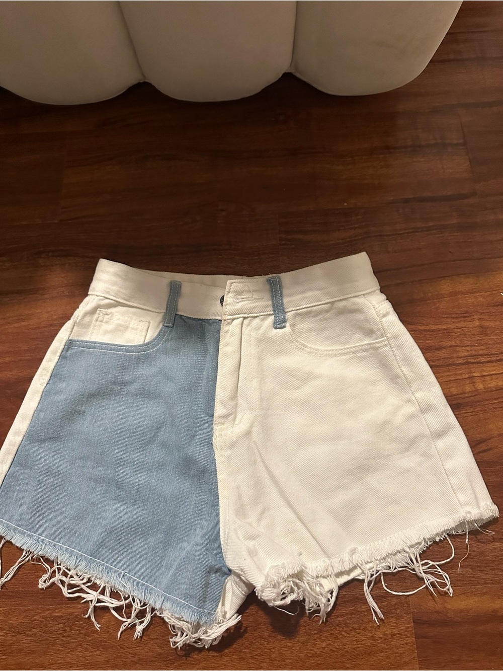Two-Tone White and Light Blue Denim Shorts